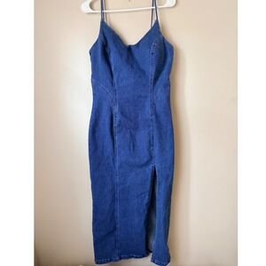 Haute Monde Denim Midi Dress  Size L Bodycon Western Coastal Cowgirl Scandi